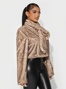 SHEIN SXY Thick Warm Fluffy Scarf Collar Brown Outerwear, Autumn/Winter - Brown - View 7