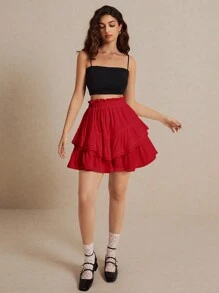 Poéselle Summer High-Waisted Ruffled Hem Red Skirt With Spliced ​​Lace, Suitable For Summer Vacation - Red - View 4