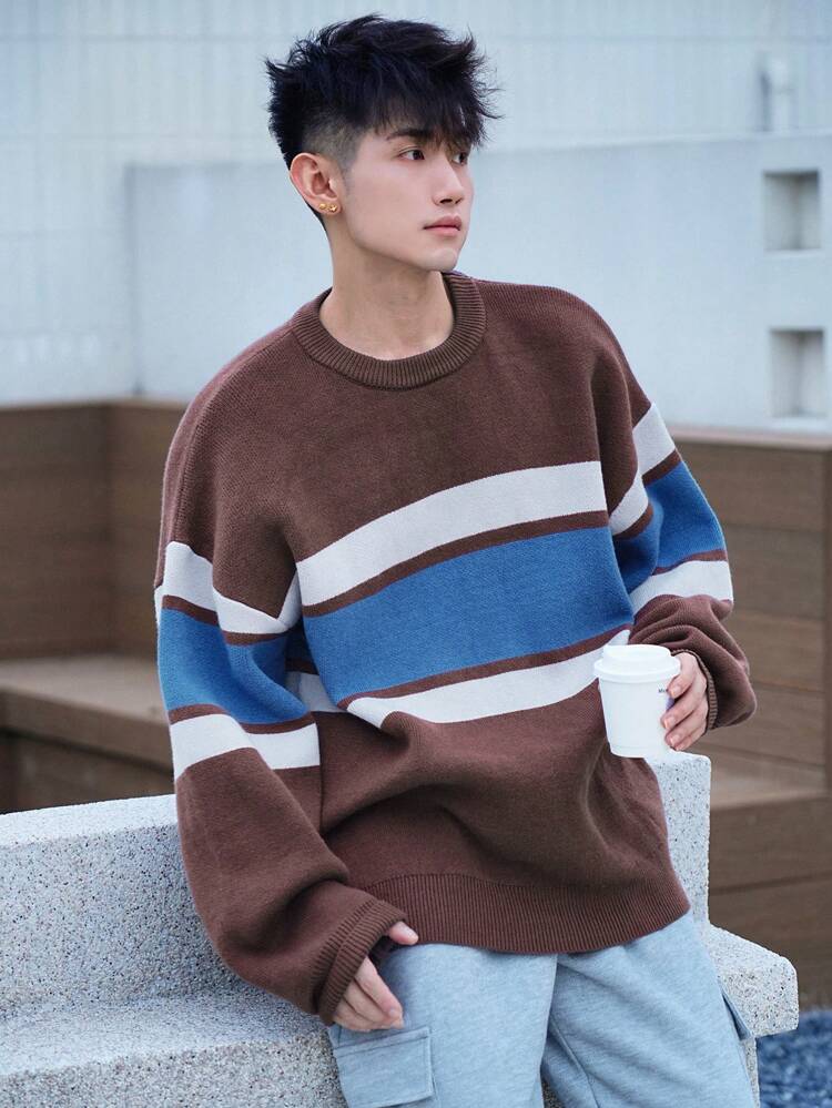Men's Loose Striped Contrast Color Knit Sweater, Casual & Fashionable For Everyday Wear,Fall Clothes