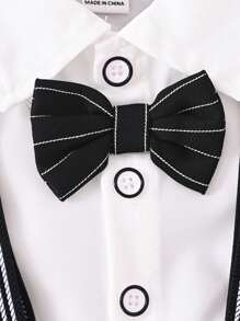 SHEIN 2 件套男婴绅士服装套装 - 衬衫和条纹短裤，带吊带和蝴蝶结，适合情人节、新年、生日派对、婚礼、典礼的时尚西装 - 彩色 - 查看 3