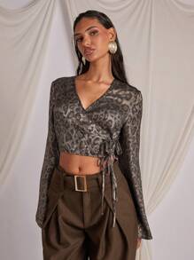 COSMINA 女士豹纹系带长袖休闲上衣，简约设计 - 彩色 - 查看 1