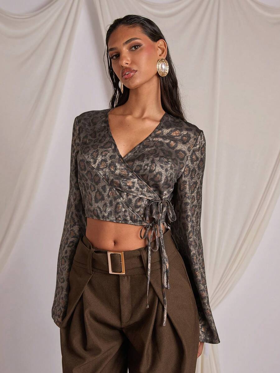 COSMINA 女士豹纹系带长袖休闲上衣，简约设计 - 彩色 - 查看 1