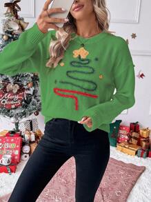 Chiquease Suéter holgado de punto suelto con estampado de líneas de arte del árbol de Navidad 3D brillante con vibra navideña europea y americana, adecuado para otoño/invierno, ideal como regalo