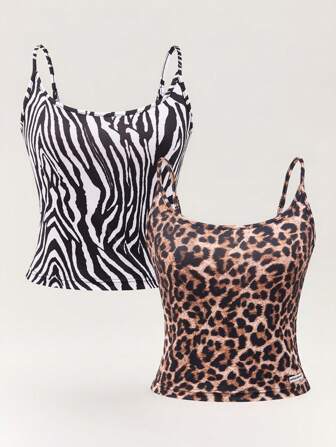 Animal Planet X SHEIN Women's Leopard Print Casual  2pcs Tank Top ,For Summer