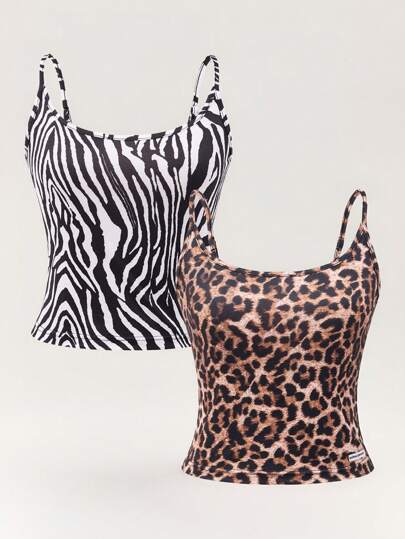 Animal Planet X SHEIN Women's Leopard Print Casual  2pcs Tank Top ,For Summer