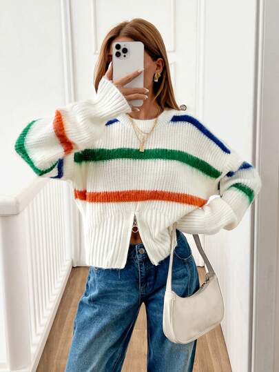 EURMUSE Femmes Pull à rayures avec fermeture éclair en laine poilue