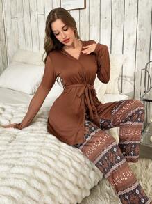 Women Plain Long Sleeve Robe, Camisole Top And Geometric Print Pants 3pcs Casual Pajama Set, Fall Winter Clothes - Coffee Brown - View 5