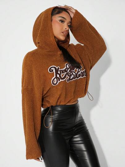 SHEIN SXY 女士宽松休闲泰迪熊字母连帽运动衫，秋冬