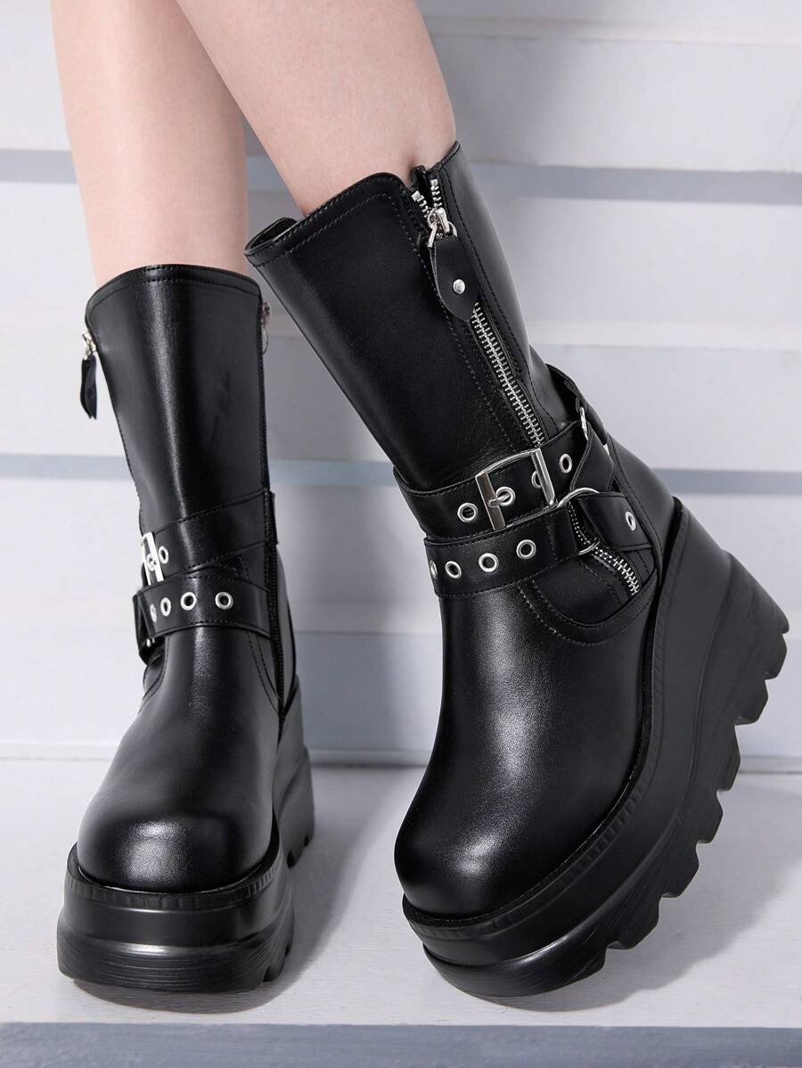 Sugerpunk Women's Fashionable Platform Biker Ankle Boots With English Style, Thick Sole New Year Holiday