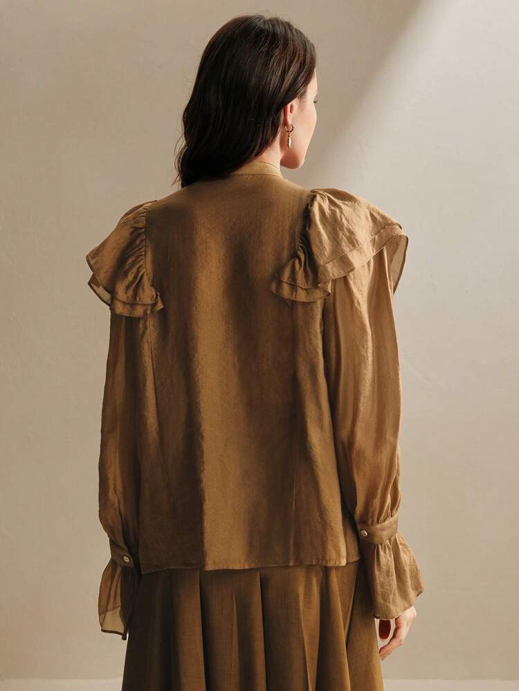 Élégante blouse de bureau à volants, Top chemise marron pour femmes, Nouvel An
