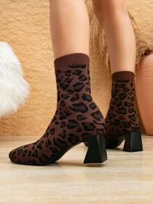 CUCCOO BASICS Leopard Print Casual Versatile High Heel Ankle Boots, Suitable For Autumn And Winter Valentines - Brown - View 2
