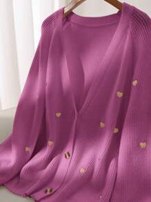 SHEIN Frenchy Plus Size Women's Autumn/Winter Long Sleeve Knitted Gold Heart Embroidery Cardigan - Hot Pink - View 5