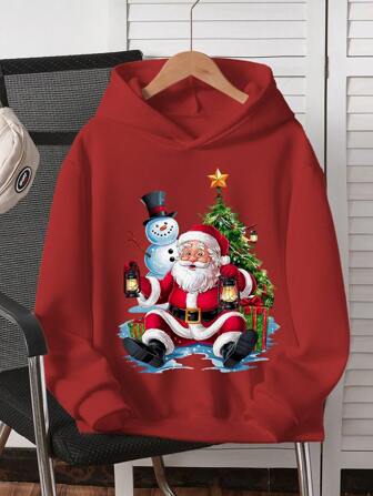 Tweens Boys Christmas Print Hoodie Fleece Sweatshirt, Casual Style For Autumn/Winter