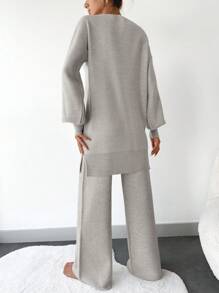 RueChic Contrast Trim Drop Shoulder Sweater & Knit Pants - Beige - View 2