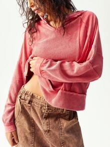 Bohemela Camiseta holgada de mujer de punto con cuello en V de unicolor y parches