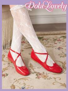 Dola Lovely Silver Flat Mary Jane Shoes With Bow, Square Toe, Fashion Women Flats New Year Holiday Valentines