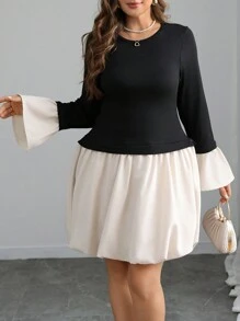 Flirla Plus Size Women Elegant Casual Cute Commuting Party Color Block Round Neck Knit Patchwork Short Sleeve Mini Dress Fall Cloth For Women - Black - View 4