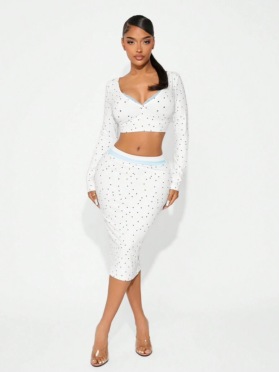 SHEIN SXY 优雅女士性感撞色蕾丝波点白色套装,秋冬 - 白色 - 查看 1