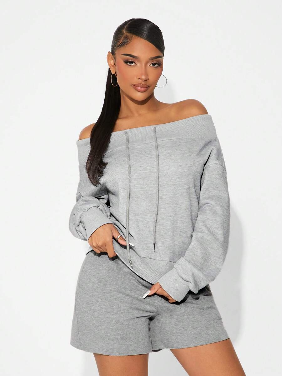 SHEIN SXY 灰色露肩运动衫，保暖内衬，适合秋冬季 - 灰色 - 查看 1