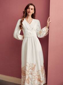 MOTF PREMIUM V-NECK FLORAL EMBROIDERED DRESS,VALENTINE'S DAY OUTFIT,SPRING/SUMMER - White - View 4