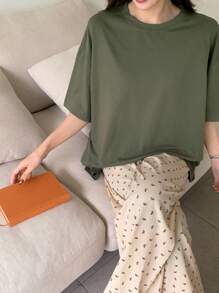 DAZY 2 件纯色宽松 T 恤和碎花睡裤睡衣套装