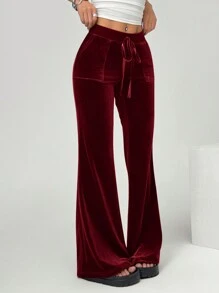 SHEIN EZwear 大码休闲简约天鹅绒黑色喇叭裤保暖裤 - 酒紅色 - 查看 3