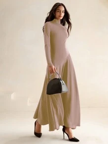 Anewsta Essential 都市时尚针织与编织拼布高领长袖无袖秋千连衣裙，咖啡色 - 卡其色 - 查看 5