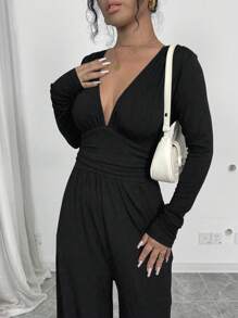 Elenzga Mono negro de moda para mujer, con mangas largas, tela texturizada, acentos plisados, pantalones de pierna ancha, otoño