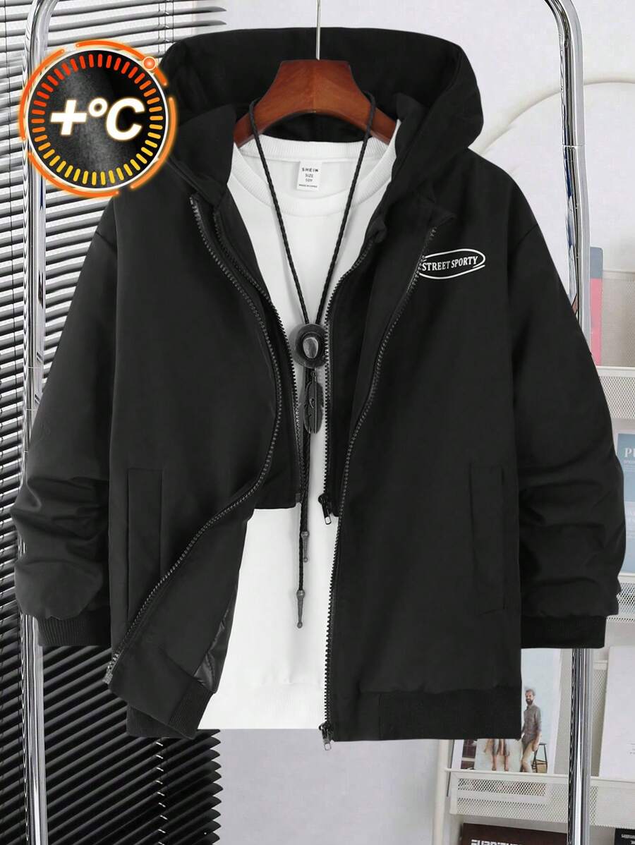 SHEIN Jaqueta piloto/baseball acolchoada com capuz estilo americano para meninos pré-adolescentes, uso diário casual