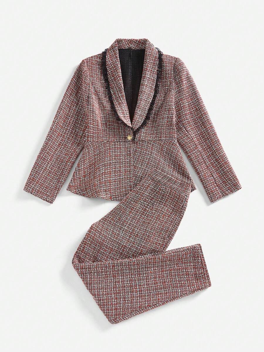 SHEIN Clasi Plaid Lace Trim Waist Jacket And Pants Suit - Red - View 1