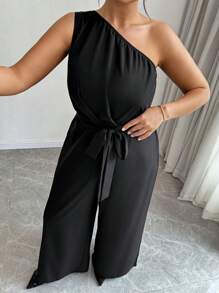 Elenzga Plus Size Plain Halter One-Piece Jumpsuit With Front Tie Casual Minimalist Design - Black - View 5
