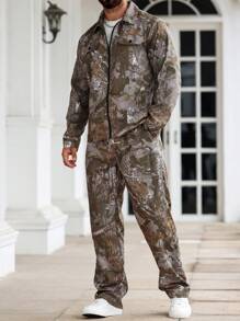 Manfinity Homme Men's Autumn Zip-Up Branch Print Jacket And Pants Set - Army Green - View 3