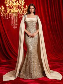 Glamrae Elegant & Luxury Champagne Sequin Patchwork Satin Wrap Collar Pleated Draped Batwing Mermaid Hem Floor-Length Formal Gown, Suitable For Various Occasions, Wedding Guest Dress