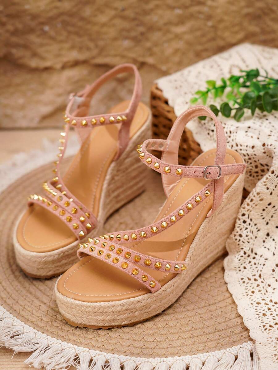 Fashionable Casual Comfortable Studded Wedge Thick Soled Rope Sandals For Teens And Youth, Girl - Pink - View 1