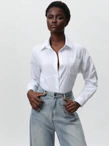 SHEIN Privé Chaqueta-camisa de mujer de primavera de estilo casual y urbano, con diseño dividido oversize, de longitud media, como regalo ideal para el Día de San Valentín - Blanco - Ver 1