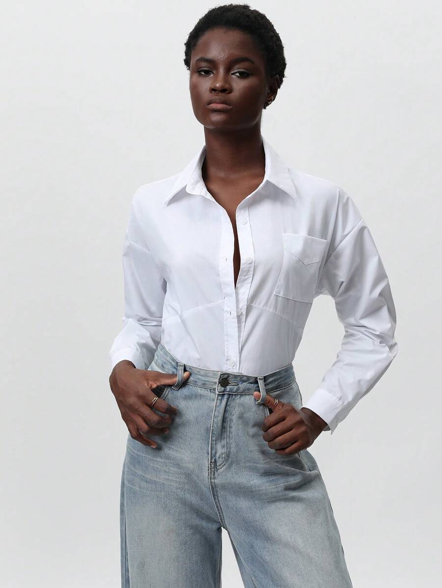 SHEIN Privé Chaqueta-camisa de mujer de primavera de estilo casual y urbano, con diseño dividido oversize, de longitud media, como regalo ideal para el Día de San Valentín - Blanco - Ver 1