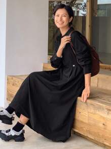DAZY Damen einfarbiges Reißverschluss-Halbplakette Langarm-Kleid, Frühling/Herbst - Schwarz - Übersicht 5