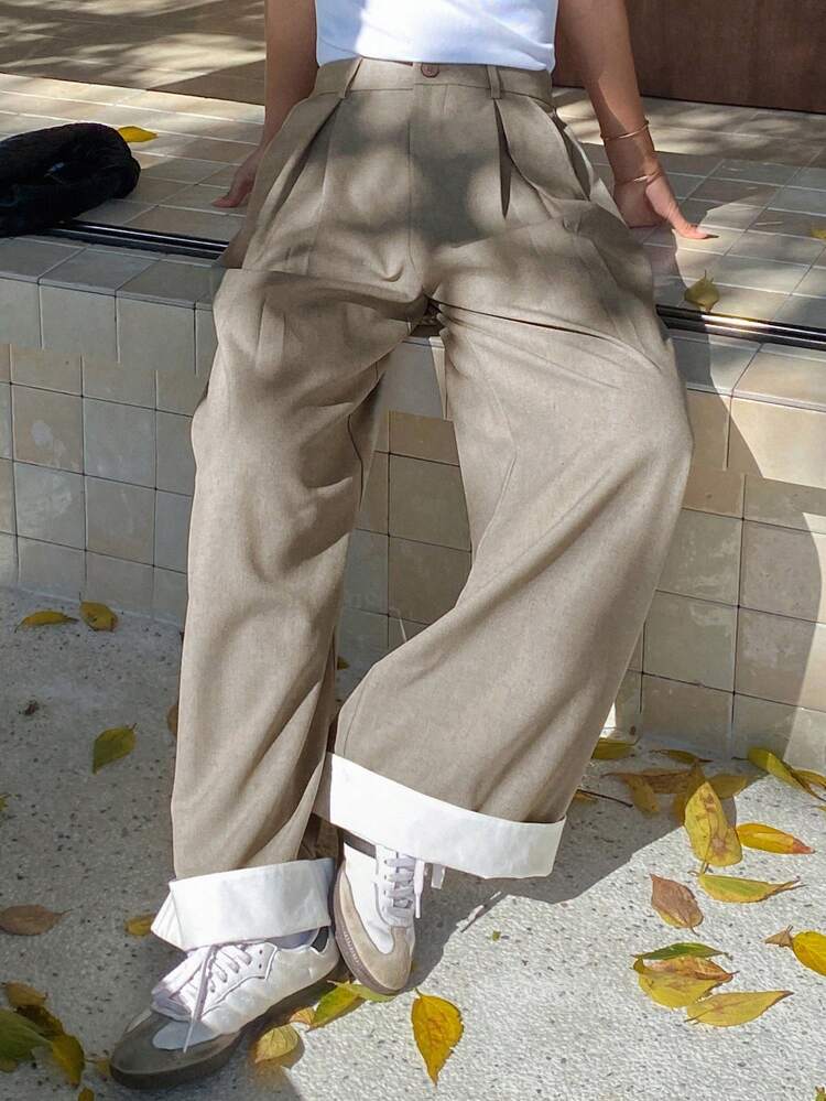 Women's Loose Wide Leg Pants With Elastic Waistband, Pockets And Pleated Detail Linen