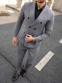 Manfinity Bizformal Herren einfarbiger Blazer mit Kragen, Doppelreiher, Langarm und passende Hose, Business Anzug Set für den Herbst