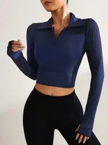 Easithlete Women's Solid Color Long Sleeve Casual Crew Neck Sweatshirt, Minimalist Style For Everyday Wear - Navy Blue - View 5