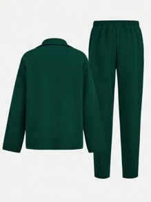 SHEIN Leap Crew 两件套青少年男童学院风休闲纯色纹理面料长袖西装外套和松紧腰长裤套装，适合所有季节，户外玩耍、上学、街头风、派对和休闲场合，超值圣诞节服装套装，秋冬季女童服装 - 綠色 - 查看 2