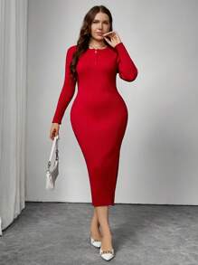SHEIN Unity Plus Size Women's Split Hem Bodycon Sweater Dress For New Year Clothes - Red - View 5