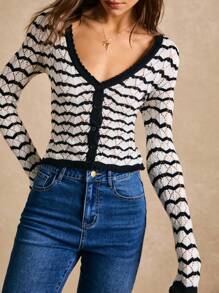 Poéselle Cárdigan de punto de manga corta de corte ceñido con contraste de colores, rayas onduladas y calado, de estilo casual para primavera/verano - Moda primaveral, blusas de mujer para verano