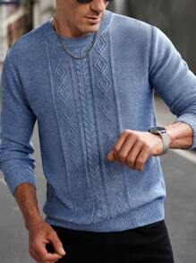 Manfinity Homme 男士圆领长袖简约针织毛衣，休闲日常穿着 - 藍色 - 查看 3