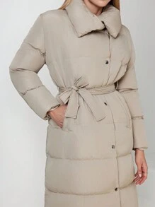 SHEIN Cottnline Pocket DETAILED Winter Padded Long Coat - Beige - View 5