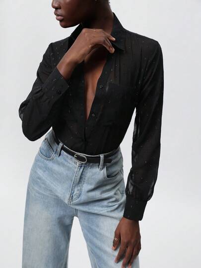 SHEIN Privé V-Neck Gold Dot Print Double Pocket Sheer Chiffon Women Long Sleeve Cardigan Shirt, Suitable For Spring & Summer, Valentine's Day Fall Cloth For Women