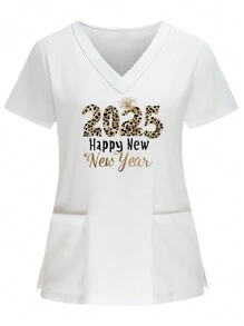 PopScrub 2025 Nieuwjaar Vrouwen Verpleegster Uniform Top, Korte Mouw Scrub Shirt