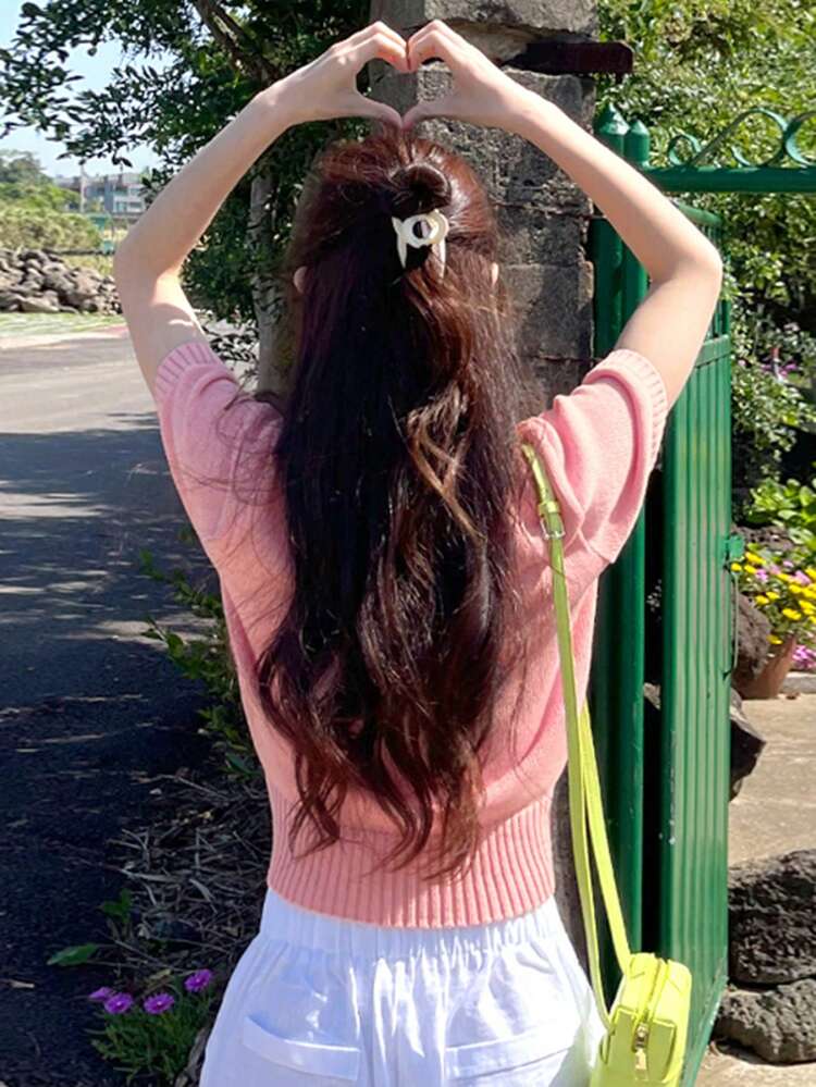 Women's Solid Color Round Neck Fitted Pink Knit Top, Spring/Summer,Back To School Clothes