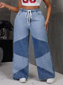 SHEIN SXY Plus Size Women Non-Stretch Blue Denim Straight Leg Jeans With Patchwork Design