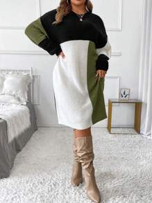 SHEIN Clasi Plus Size Women's Elegant Color Block Spliced Round Neck Long Sleeve Drop Shoulder Autumn Winter Warm Sweater Dressbusiness Casual Woman,Work Wear,Fall Wedding Guest Dress,